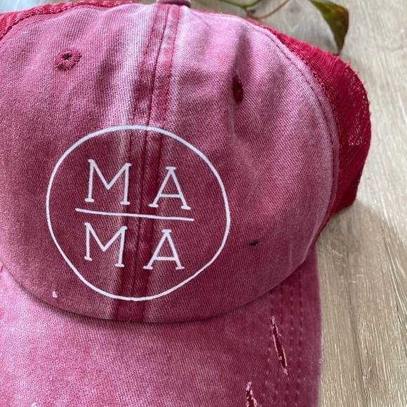 MAMA Trucker Hat high Ponytail Baseball Hat Wine Red Distressed Vintage Wash - Picture 4 of 6